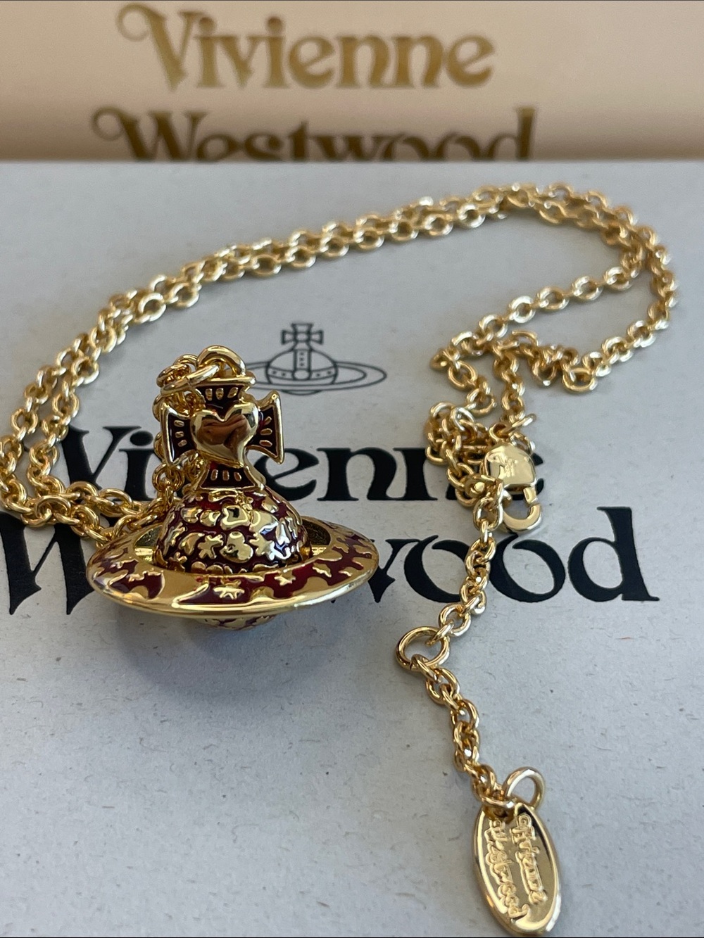 Vivienne Westwood Gold with Burgundy Enamel Orb Necklace